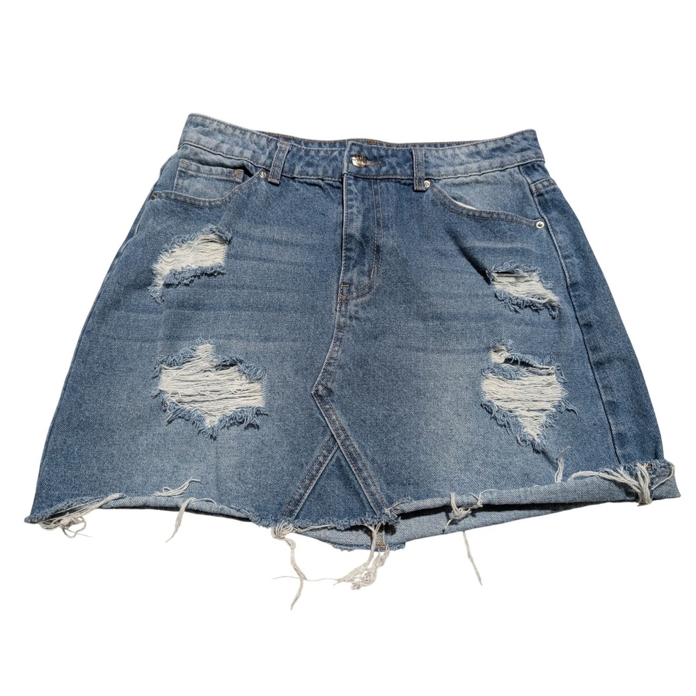 Legend Womens Distressed Denim Mini Skirt Medium Wash Raw Hem Size‎ L
